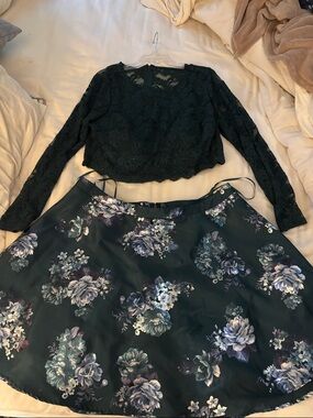 City Studio Deep Forrest Green Lace Top and skirt with Navy Floral Detail.